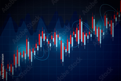 Abstract financial graph with up trend line candlestick chart in stock market on blue color background