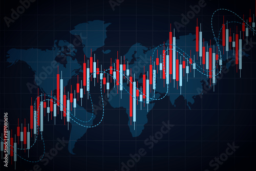Abstract financial graph with up trend line candlestick chart in stock market on blue color background