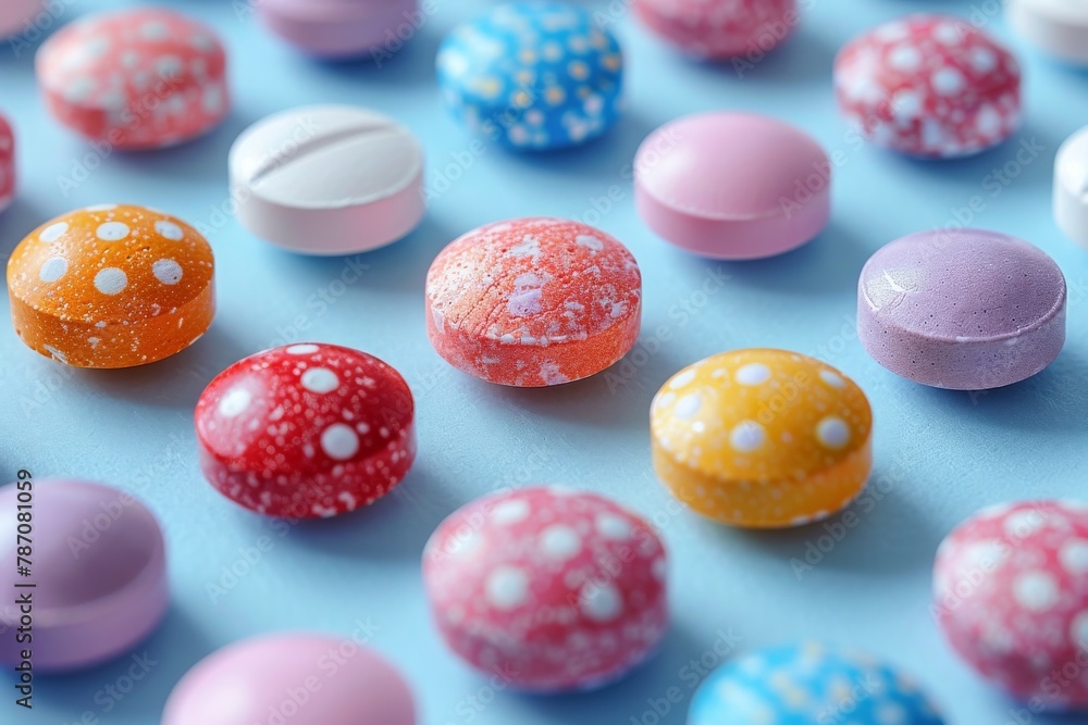 A vivid display of various pills designed to resemble candies scattered across a blue surface, evoking thoughts of healthcare and medication A vivid display of various pills designed to resemble candies scattered across a blue surface, evoking thoughts of healthcare and medication