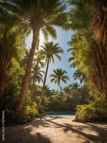 Sunlight filters through lush  green leaves of towering palm trees  casting intricate shadows on smooth stone surface below. Sky  serene canvas of blue  peeks through gaps in foliage.