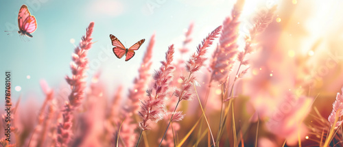 serene pink sunrise over a dreamy meadow with delicate butterflies. Generative AI