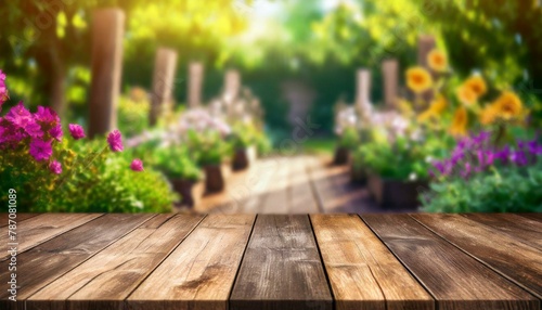 Tranquil Retreat: Blurred Garden Surrounding Perspective Wooden Board