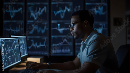 Man Sitting in Front of Computer Monitor. Generative AI