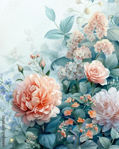 A pastel watercolor of rose, hydrangea, Erder, big flower Whelan, lycoris and full of stars, in the style of small Rostrum, with soft colors and very detailed details photo
