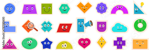 Funny geometric characters icons set cartoon vector. Comic creature. Avatar shapes