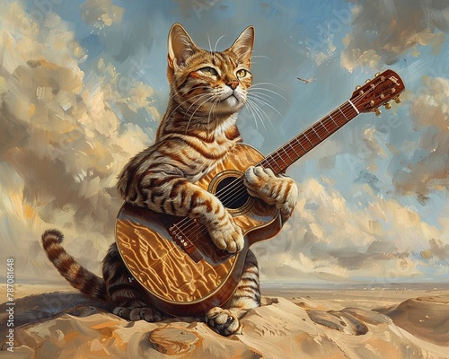 an image of a bengal cat playing guitar outdoors in a sand scene in a skyline,  photo