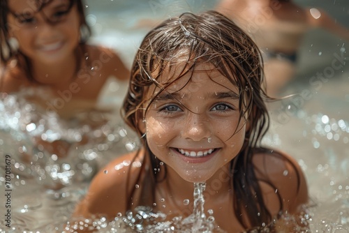 Image captures a young girl in a pool  smiling with water splashing around her and another person in the background