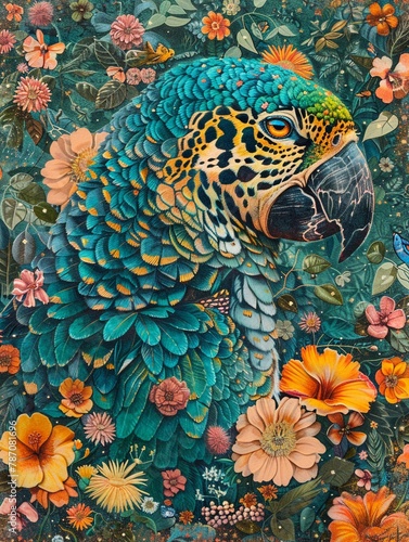 Brazilian fauna and flora, two characters, a jaguar and a blue macaw covered in flowers by harryfinney,  photo