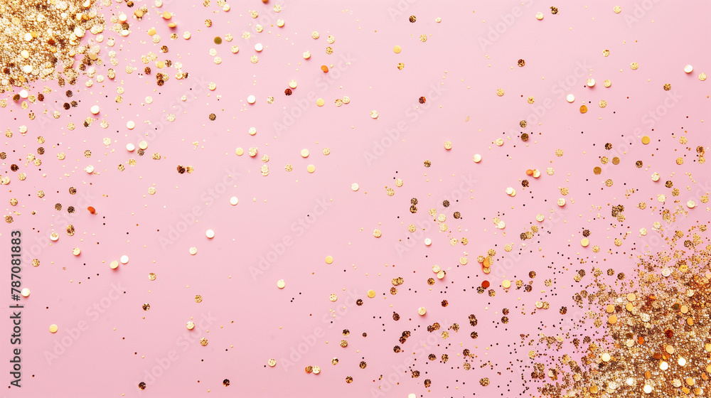 Sparkling gold glitter on a pastel pink background. Background for design with empty copy space. Generative AI
