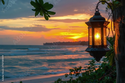 A serene beach view with a shinny background, where a traditional lamaic lantern emits a soft glow, evoking the mysticism of transmutation against the tranquil seaside setting.