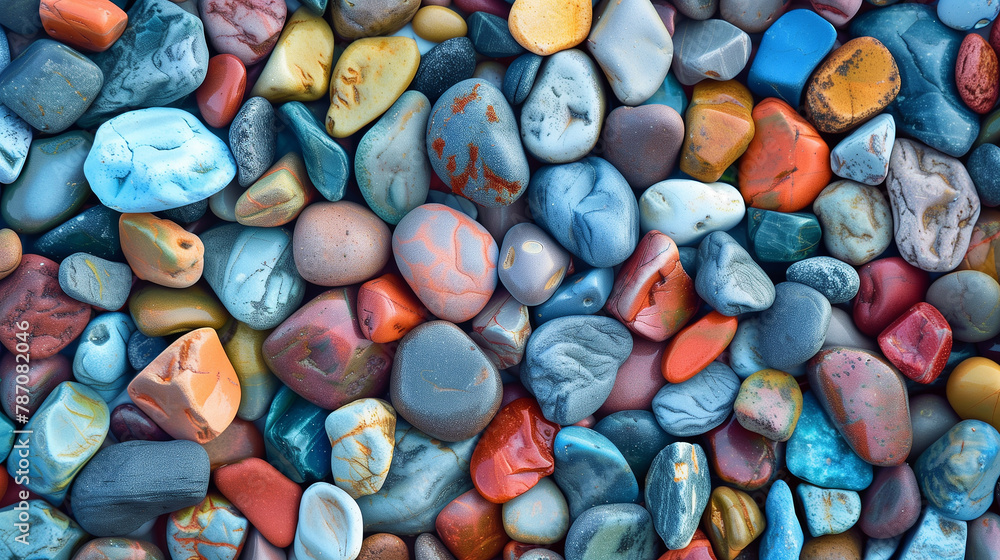 A pile of colorful rocks with a blue rock in the middle. The rocks are of different sizes and colors, creating a visually interesting and diverse scene A pile of colorful rocks with a blue rock in the middle. The rocks are of different sizes and colors, creating a visually interesting and diverse scene