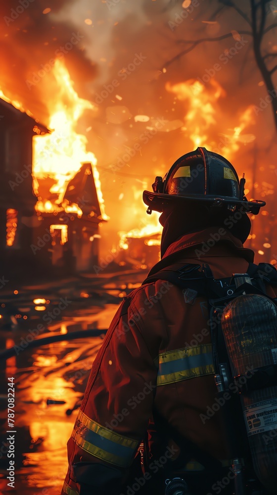 A firefighter watching a house burn down, unable to help, representing helplessness and sorrow