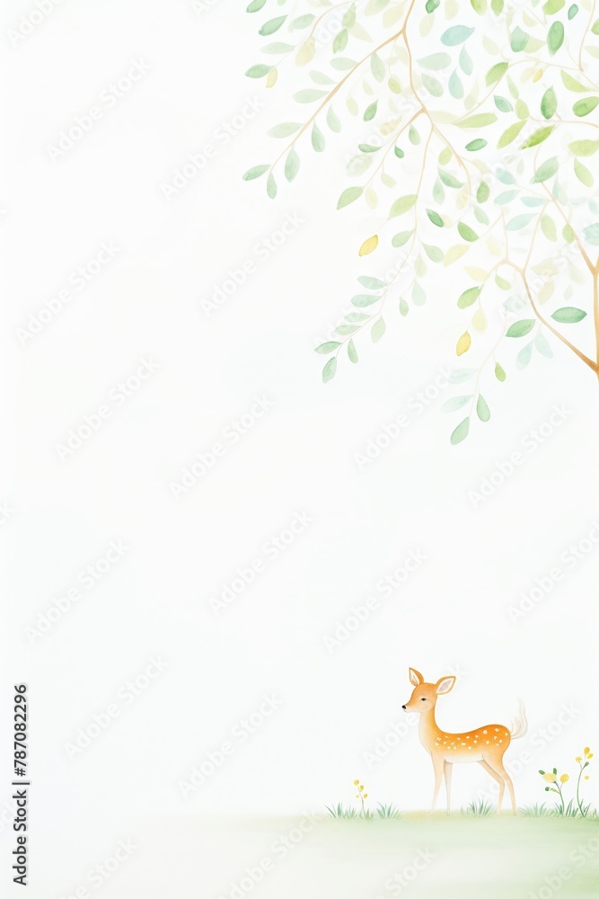 A gentle watercolor illustration in pastels, capturing the essence of trees alongside serene animals cute, animation, technicolor, illustration