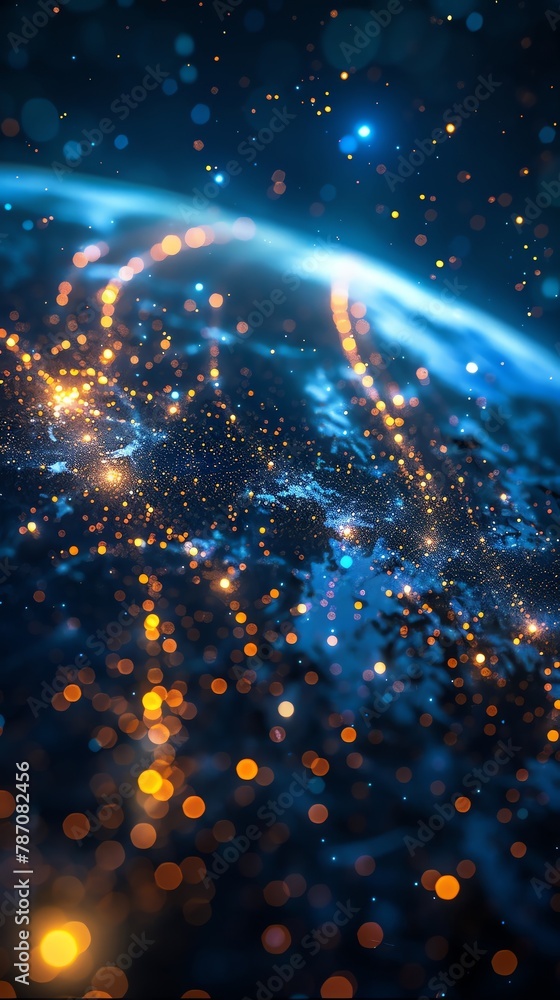 A conceptual image of light particles racing around the globe, embodying the speed of intercontinental data transfer - obrazy, fototapety, plakaty 