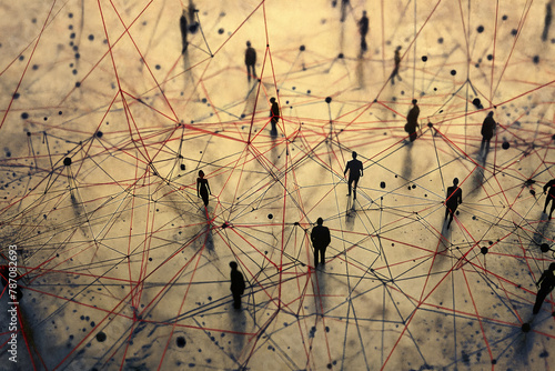 a complex network of interconnected people, symbolizing relationships or interactions within a social network or human connections.