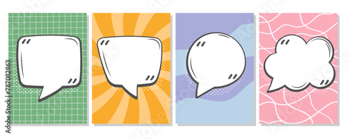 Set of retro speech bubbles posters with halftone shadows and abstract background, message box, talk bubble, vector illustration. Pop art style. For brochure, magazine, book cover