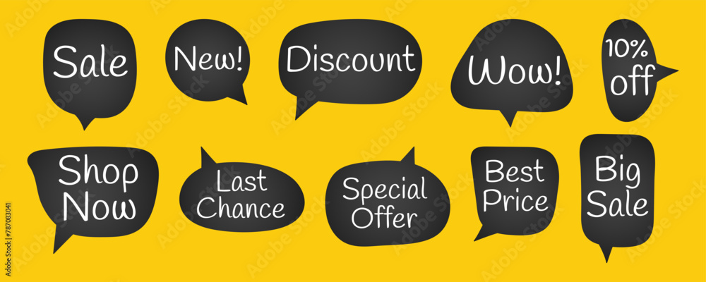 Obraz premium Set of hand drawn chalky speech bubbles with sale text, chatting box, talk bubble, vector illustration, isolated background. Flat doodle style of discount, special offer, best price symbol.