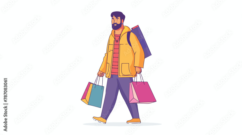 Indian man with purchases flat line color vector