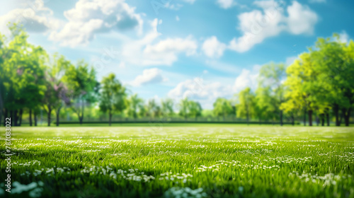 Serene Summer Park with Lush Green Grass and Flourishing Trees Under a Clear Blue Sky. Empty background for design. Copy space. Generative AI