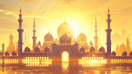 Illustration of the beautiful shiny mosque and ramadan