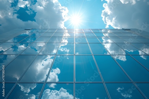 Sunburst shines over the reflective glass facade of a skyscraper in a display of urban splendor