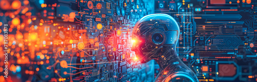 Illustration of the cyborg with AI on the futuristic background. Artificial intelligence and future technologies concept.