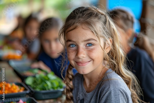 Happy young girl with blue eyes smiling at lunch table with peers in background photo