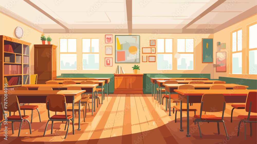 Interior of a traditional school classroom with woode