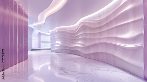 Futuristic empty corridor or halway interior with elegant curvilinear purple walls and ambient lighting. Sweeping curvilinear walls bathed in a gradient of purple hues. Modern minimal design. Genera