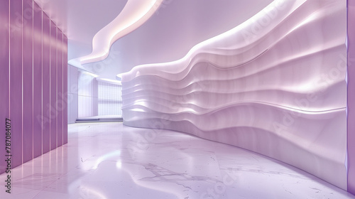 Futuristic empty corridor or halway interior with elegant curvilinear purple walls and ambient lighting.  Sweeping curvilinear walls bathed in a gradient of purple hues.  Modern minimal design. Genera photo