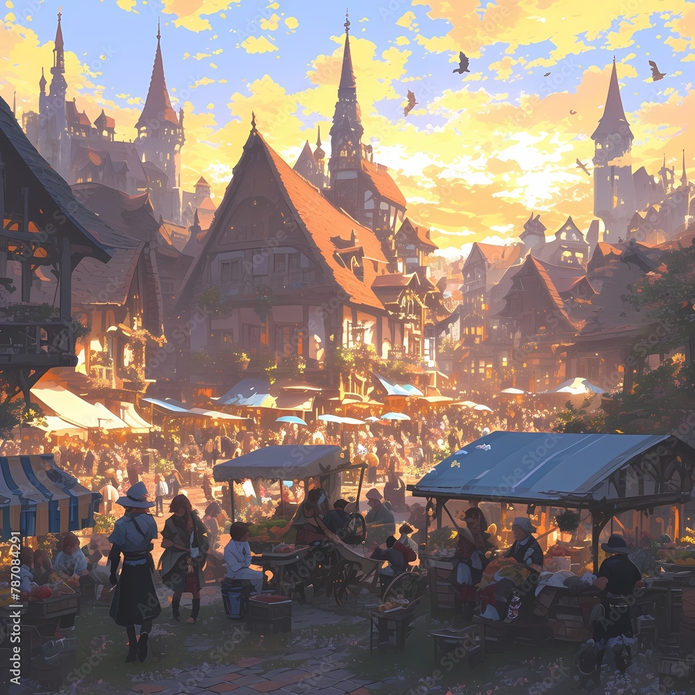 Explore the charm of a bustling medieval town as the sun sets, casting