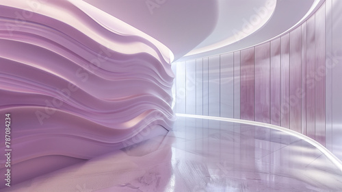 Futuristic empty corridor or halway interior with elegant curvilinear purple walls and ambient lighting.  Sweeping curvilinear walls bathed in a gradient of purple hues.  Modern minimal design. Genera photo