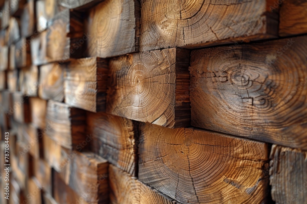 Detailed view of cut wood logs stacked in an intricate pattern showing the age rings Texture and pattern focus Detailed view of cut wood logs stacked in an intricate pattern showing the age rings Texture and pattern focus