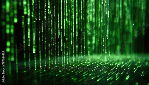 Green digital code falling through a black void, perfect for visualizing data streams