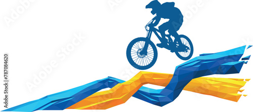Extreme. Downhill cyclist flies on a bicycle from a mountainside. Freeride. Isolate silhouette. Polygonal background.