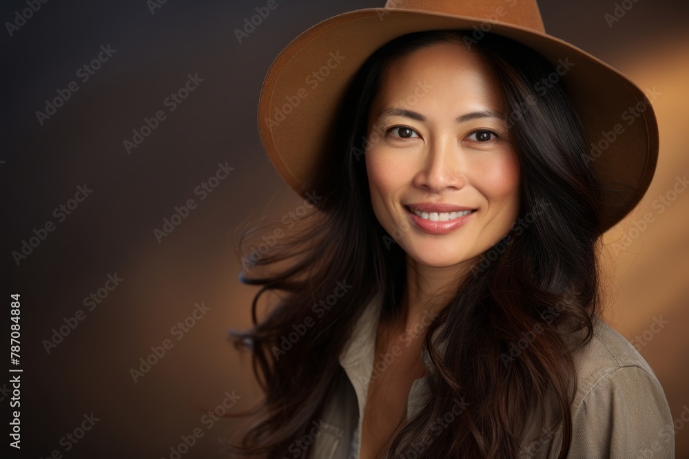 Portrait of a jovial asian woman in her 30s wearing a rugged cowboy hat in soft brown background Portrait of a jovial asian woman in her 30s wearing a rugged cowboy hat in soft brown background
