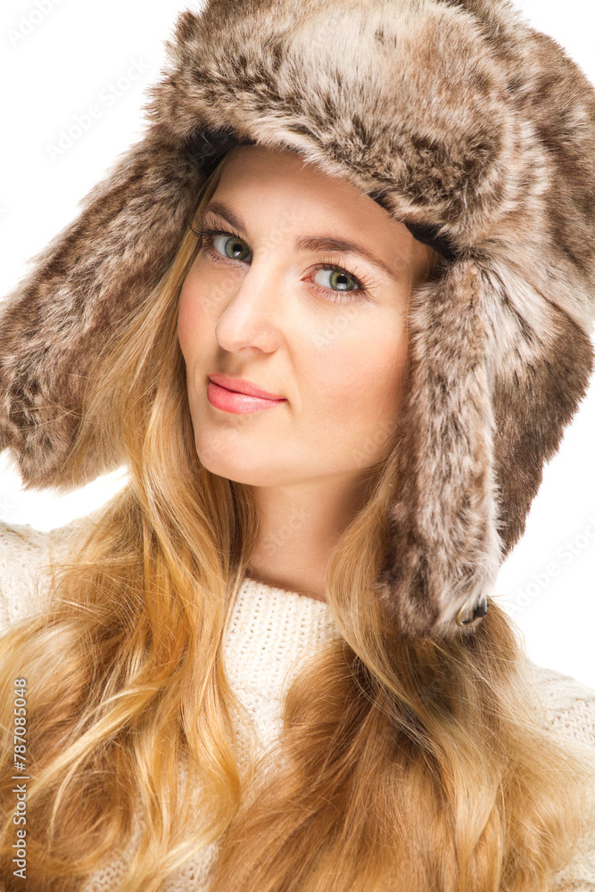 Portrait of the beautiful blond girl fur hat Portrait of the beautiful blond girl fur hat