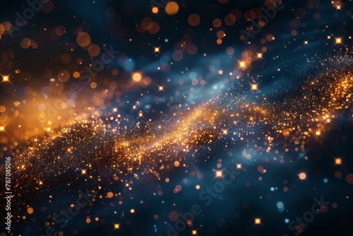 Entrancing image of golden particles forming a dazzling trail through a dark space, conveying exploration and adventure