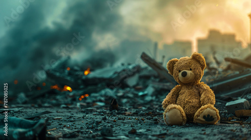 Kids teddy bear toy over city burned destruction photo
