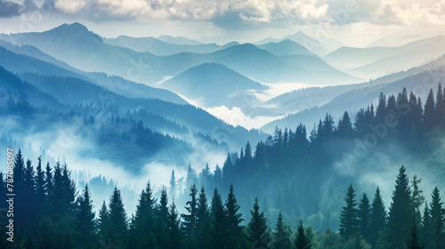 Landscape of mountains and pine forest with mist and f © Anas