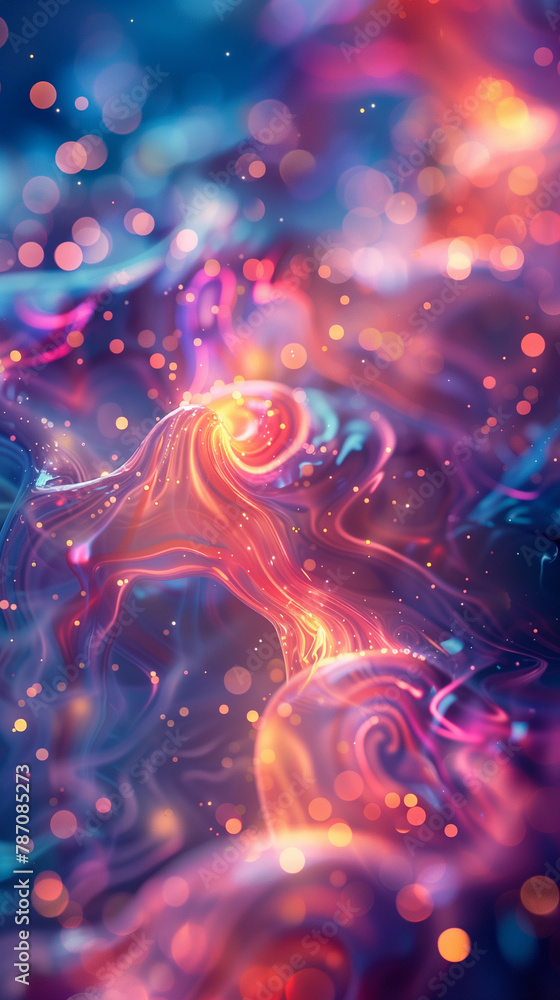 a kaleidoscope of neon hues, portraying a whirlpool of light and color that seems to flow like liquid. The radiant pinks and blues are punctuated with orbs of light a kaleidoscope of neon hues, portraying a whirlpool of light and color that seems to flow like liquid. The radiant pinks and blues are punctuated with orbs of light