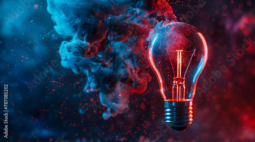 A light bulb is exploding on a blue and red background. The explosion is depicted in a way that looks like a burst of energy or a creative explosion. Concept of excitement and energy photo