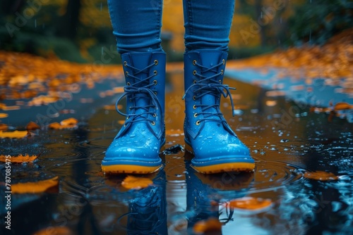 Bold blue boots on a rainy day surrounded by fallen autumn leaves reflect nature's beauty