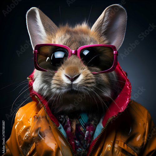Funny rabbit wearing sunglasses and jacket. Isolated on black background.