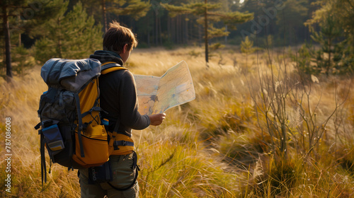 Young male hiker alone with a backpack, lost on an afternoon hike, seeking orientation on a large paper map. In the background, a natural landscape with trees