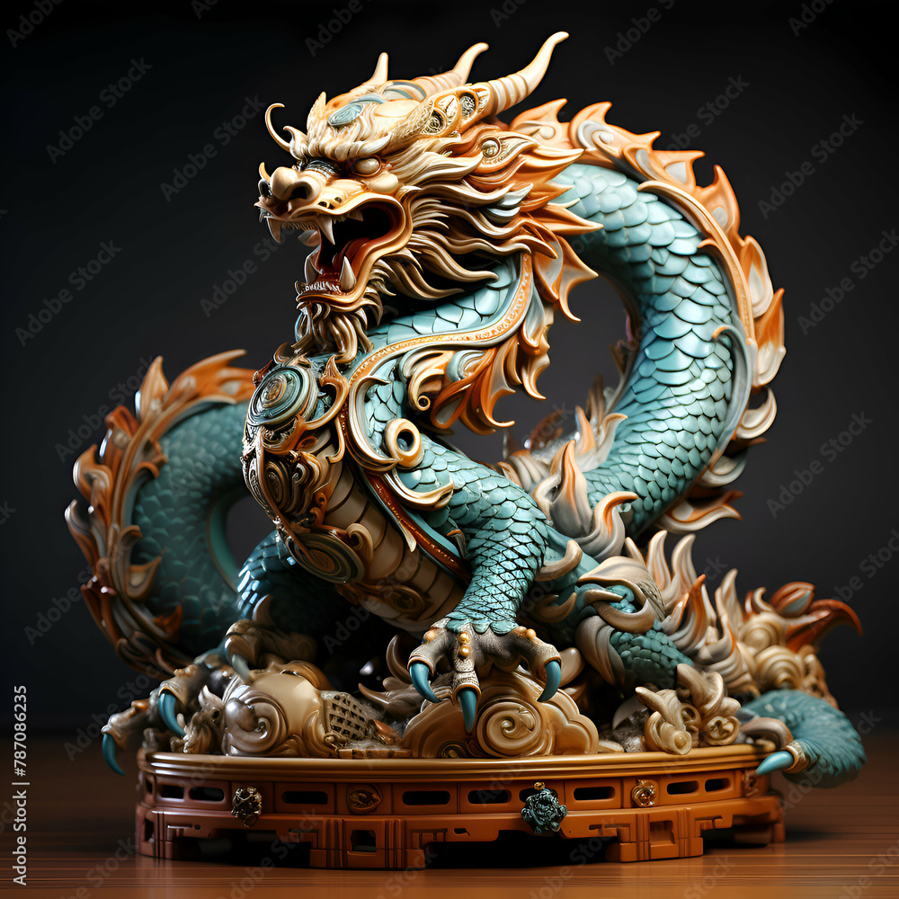 Fototapeta premium Dragon statue on a black background. 3D illustration