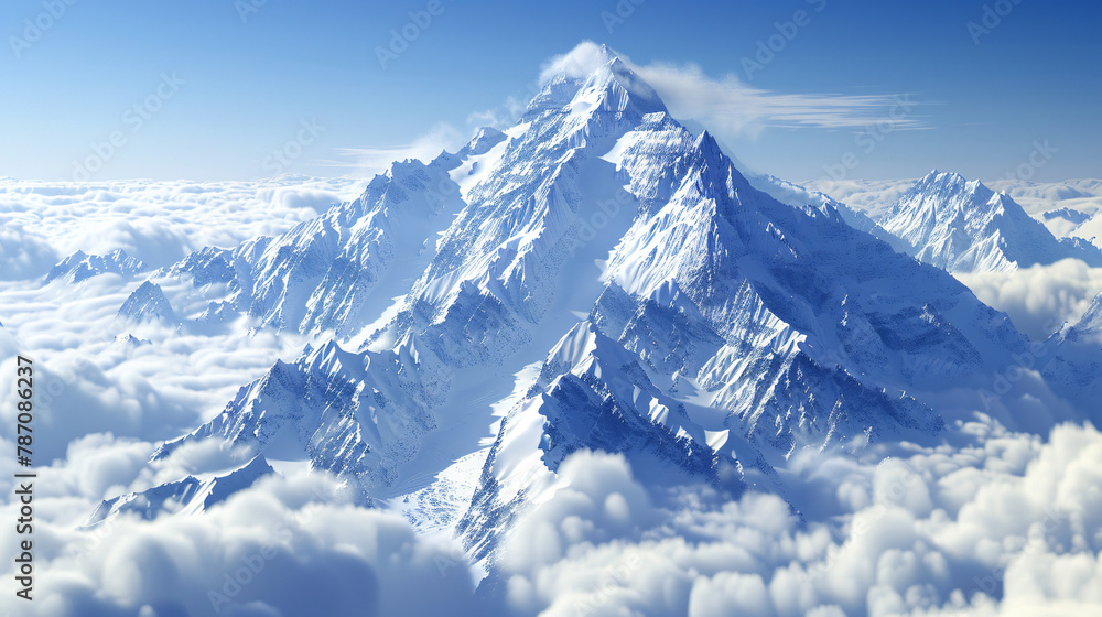 Majestic snowy mountain peak towering above the clouds