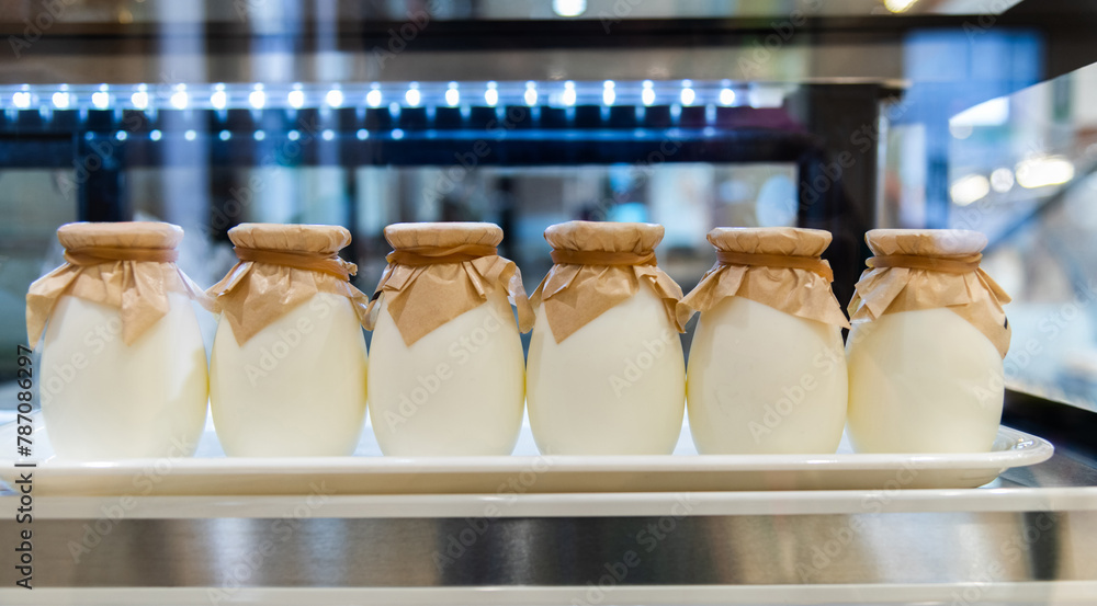 Yogurt glass bottles in the restaurant