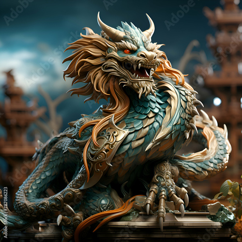 Dragon statue on the roof of a Buddhist temple. 3D illustration. © Wazir Design