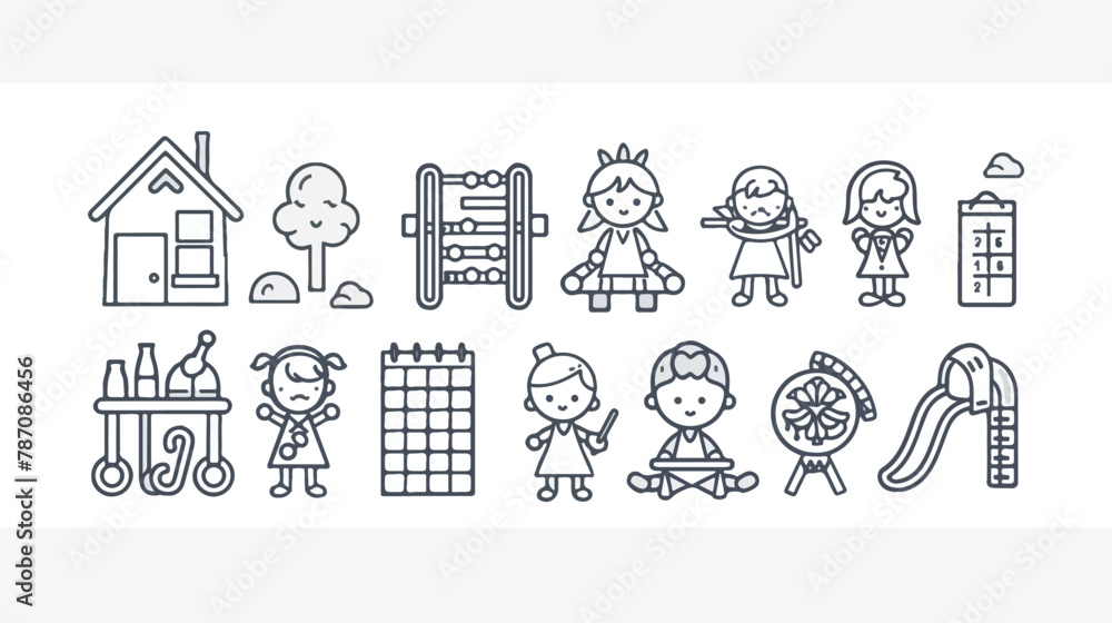 Kindergarten education icons thin line art set. Girl